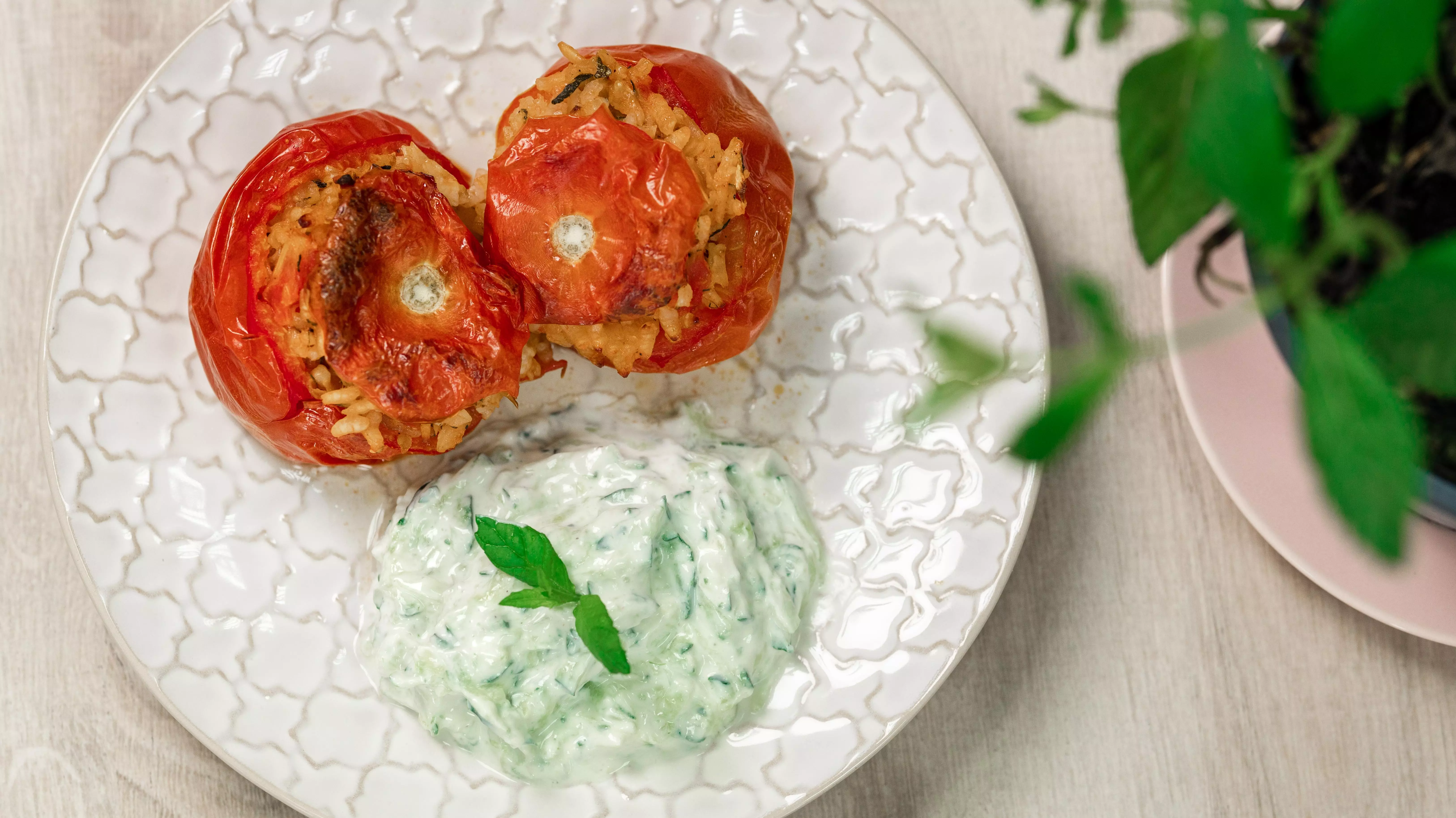 Griechische gefüllte Tomaten mit Tzatziki-Sauce