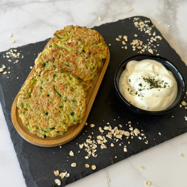 Zucchini-Bratlinge mit griechischem Joghurt